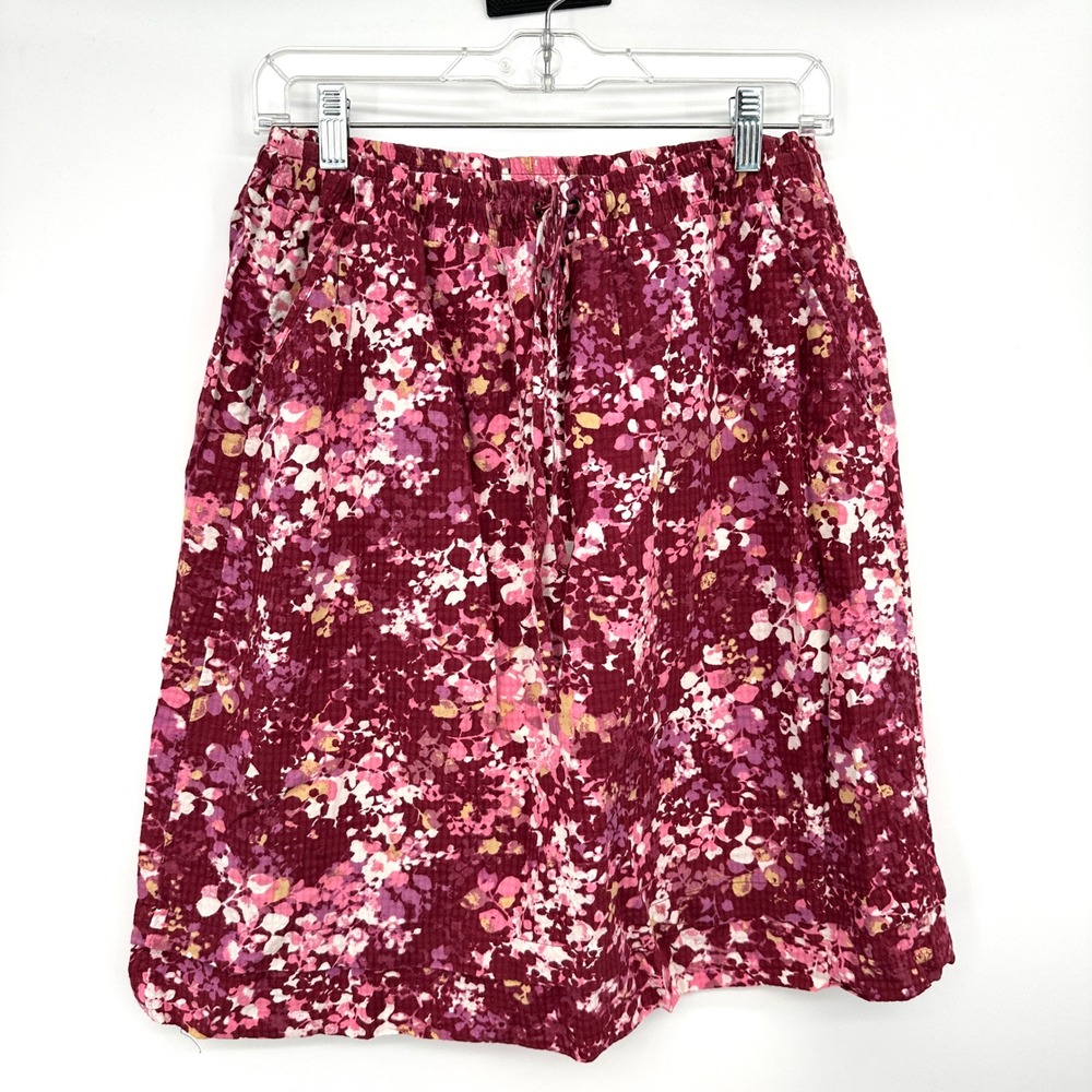 Eddie Bauer Burgundy Floral Knee Length Skirt Womens Medium Cotton Drawstring